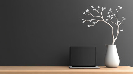 Wall Mural - A laptop sits on a wooden desk next to a vase with a tree branch in it