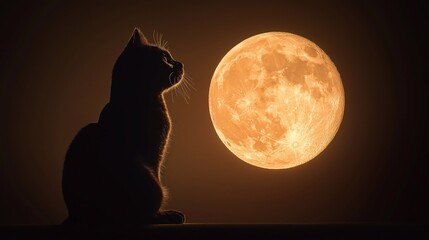 the silhouette of a black cat sitting, set against a plain dark background with a large, glowing ful