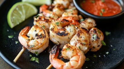 Closeup of grilled shrimp skewers with lime wedges and red sauce.