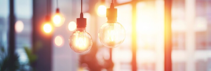 Blurred background of a modern office interior with glass windows and hanging light bulbs, a blurred bokeh effect