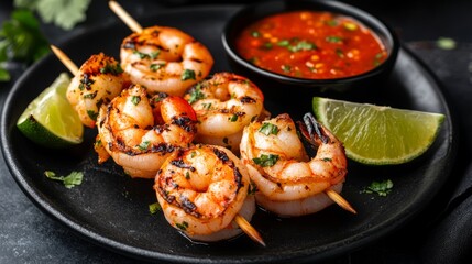 Wall Mural - Grilled Shrimp Skewers with Lime and Spicy Sauce.