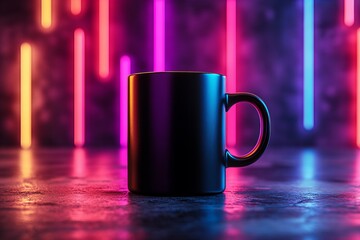 Black Coffee Mug Mockup, isolated on neon lights Background, Minimalist Style, High Quality, and Modern Appeal - new beautiful stock image illustration AI