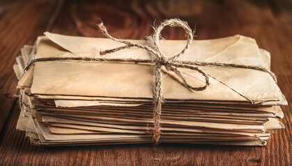 Stack of old letters tied with twine on wooden table, closeup