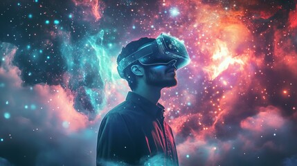 Man in VR headset against a colorful nebula background.