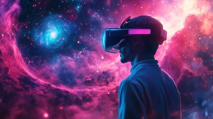 Wall Mural - Man in VR headset looking at a galaxy.