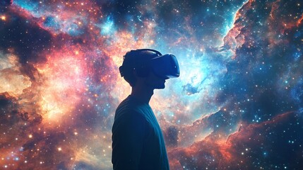 Wall Mural - Man wearing VR headset with a galaxy background.