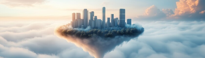 A surreal cityscape floating above clouds, blending modern architecture with dreamlike elements, evoking wonder and imagination.