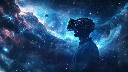 Wall Mural - Silhouette of a man wearing a VR headset with the Milky Way in the background.