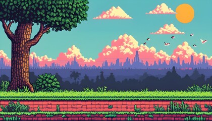 Wall Mural - Nostalgic 8-Bit Game Landscape with Retro Pixel Art Email Icon