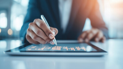 Close-up of a professional using a digital tablet for data analysis in a modern office environment.