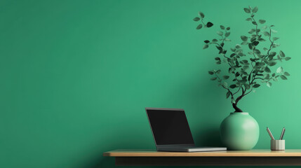 Wall Mural - A laptop and a vase of green leaves sit on a desk in front of a green wall