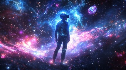 Silhouette of a person wearing VR headset standing against a colorful nebula.