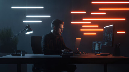 A man is sitting at a desk with a laptop and two monitors