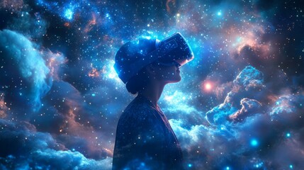 Woman wearing VR headset in front of a starry night sky.