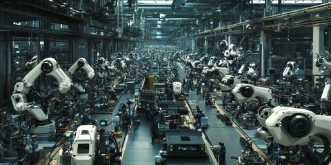 Factory with robotic arms and workers.