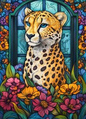 Wall Mural - Vibrant Stained Glass Art of a Majestic Cheetah Surrounded by Colorful Flowers in a Window Frame