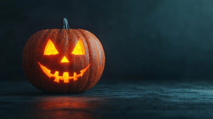 halloween jack o lantern with glowing face on dark background