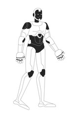 Poster - Robot android walking black and white 2D line character. Futuristic robotics humanoid isolated vector outline personage. Science fiction high tech technology. Futurism. Monochromatic spot illustration