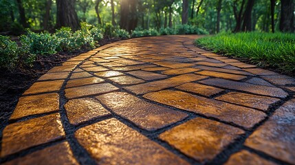 Curved stone pathway winding through a lush green landscape.