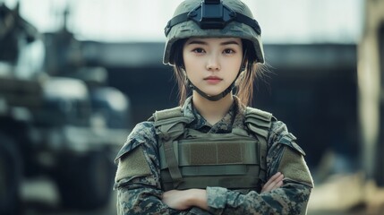 Wall Mural - Determined Female Asian Soldier in Military Uniform, Standing Confidently with Arms Crossed, with Armored Vehicles in Background