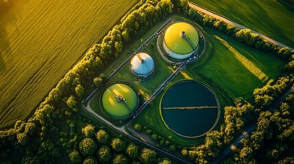 Aerial view of a biogas facility with sharply defined reactors and gas storage tanks, cleanly arranged pipelines, and surrounding green landscape