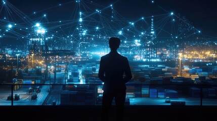 Wall Mural - A businessman silhouetted against the backdrop of a bustling port, looking towards a network of glowing lines representing global connectivity.