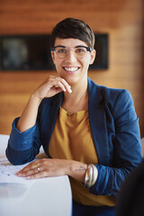 Poster - Happy, office and portrait of business woman with confidence, professional and company pride. Creative agency, architecture and face of worker with documents for urban planning, job and career