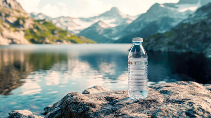 Wall Mural - A clear water bottle sitting on a stone with the landscape of mountains in the background.