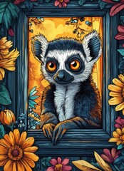 Wall Mural - Colorful Illustration of a Lemur in a Wooden Frame Surrounded by Vibrant Flowers