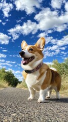 A cheerful corgi stands proudly on a sunny road with blue skies and fluffy clouds, showcasing playful spirit and happiness.