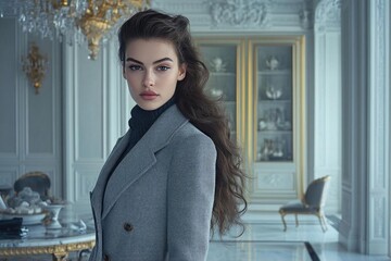 Young woman in a grey coat, with long dark hair, looking at the camera, standing in a luxurious interior.