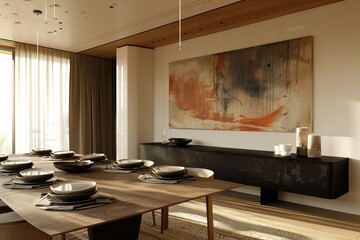 A contemporary dining room with a floating buffet, minimalist table settings, and a large abstract artwork as the focal point, balancing elegance with organization.