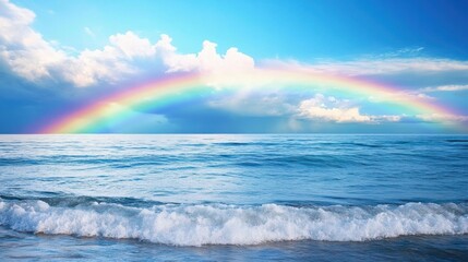 A rainbow stretching across the horizon over a serene ocean, with gentle waves and a bright blue sky in the background