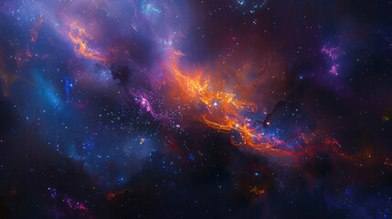 Poster - A stunning cosmic artwork showcasing vibrant nebulas in shades of purple, blue, and orange, with stars twinkling amidst swirling clouds of gas in deep space, creating a captivating galactic scene.
