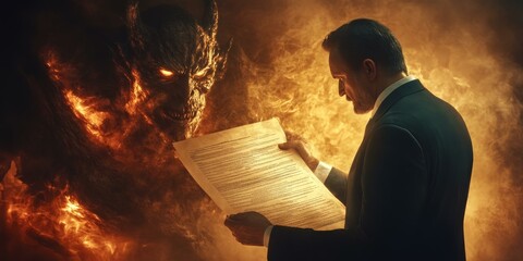 Wall Mural - Man in suit reading contract with fiery demon behind him.