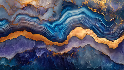 Richly textured blue purple and gold veined agate liquid marbling background image. 