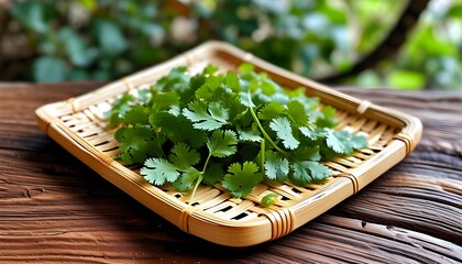 Wall Mural - Elegant display of parsley leaves arranged on a handcrafted bamboo tray