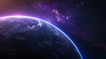 Poster - A stunning cosmic view of Earth from space, showcasing the planet illuminated by sunlight against a backdrop of vibrant stars and galaxies, creating a sense of wonder and scale.