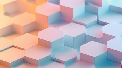 Poster - A three-dimensional rendering of hexagonal shapes softly illuminated in pastel colors, creating a modern, geometric visual effect that is ideal for contemporary design projects.