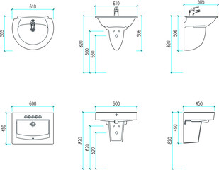 Wall Mural - Vector sketch illustration of the silhouette design of a hand washing sink with a size scale looking at various sides 