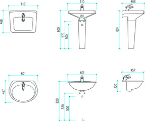 Canvas Print - Vector sketch illustration of the silhouette design of a hand washing sink with a size scale looking at various sides