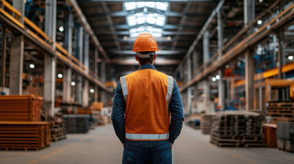 A man in a hard hat and safety vest stands in a large warehouse, inspecting the industrial environment from behind.