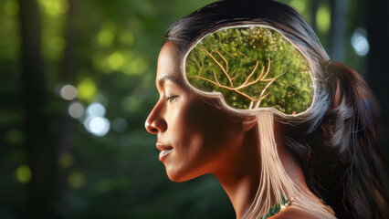 The brain in the form of luminous streams intertwined with natural elements symbolizes the connection between mental and physical health