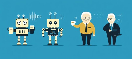 Poster - The robotics engineering evolution, the ai technology of robots, and the humanoid computer generation in cartoon form.