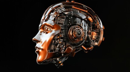 Poster - The image consists of a very detailed futuristic robot man or humanoid cyborg with a metallic skull head. The image is isolated on black background with free copy space for your text.