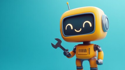 Poster - A friendly positive smilie cartoon orange robot is waving its hand in greeting. Customer support chatbot. Online consultant robot. 3d illustration on a blue background.