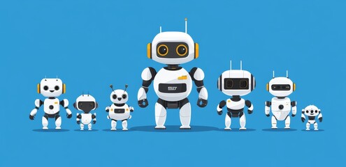 Poster - featuring cartoon robots, androids, cyborgs, and bots. fun digital ai assistants and futuristic masc