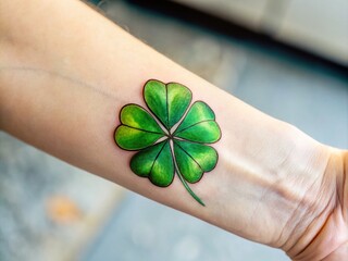 Close-up of a vibrant green four-leaf clover tattoo on a forearm, surrounded by delicate black lines and subtle