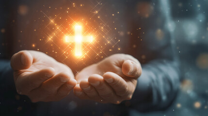 Businessman holds a radiant cross symbol, embodying faith, hope, and spirituality