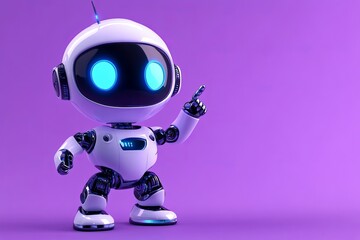 Poster - The positive cute robot points at a space. Copy space, generated by AI